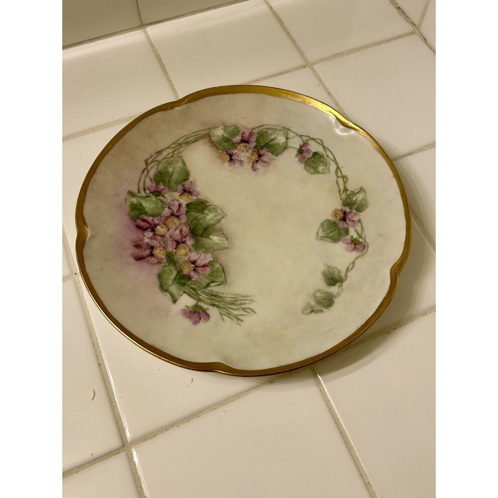 Vintage Ceramic 8” Plate Violet Flowers HandPainted Purple Gold Trim